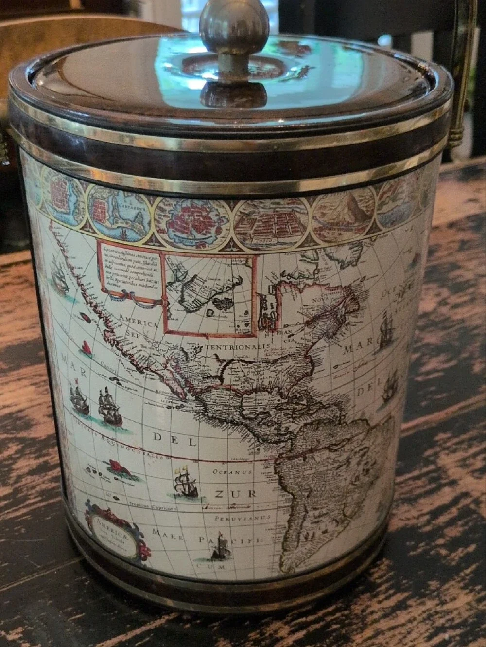 Shelton Ware Old World Map Ice Bucket with Brass Handle - Brown Cream